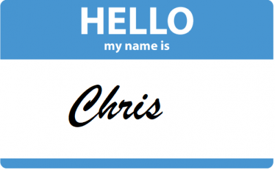 A name tag reads “Hello my name is Chris”