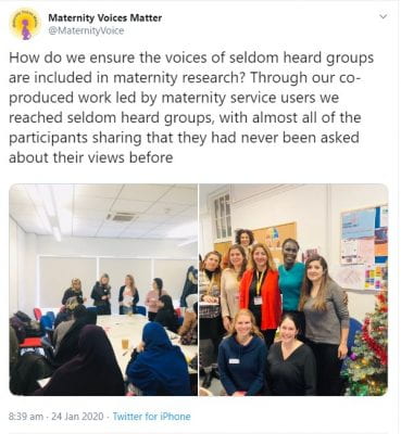 Twitter screenshot showing the Maternity Voices Matter team and groups of women. The tweet says how do we ensure the voices of seldom heard groups are included in maternity research? Through our co-produced work led by maternity service users, we reach seldom heard groups, with almost all of the participants sharing that they had never been asked about their views before. 
