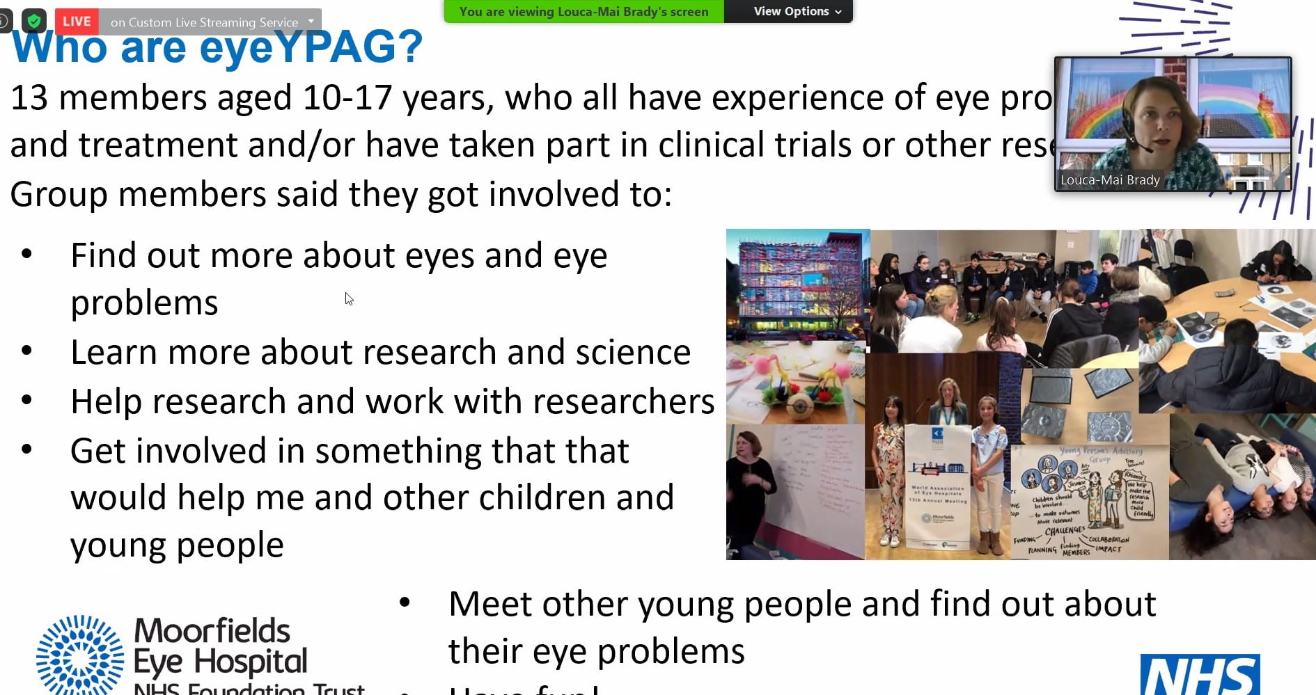 Image of a slide with reasons why eyeYPAG members get involved - to learn about science, help research, meet people