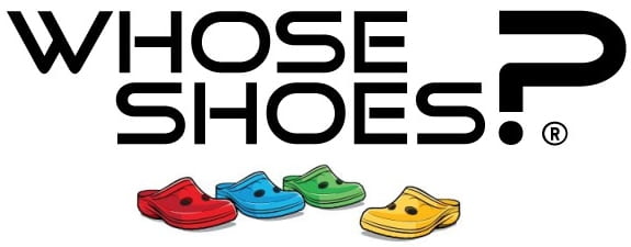 The image reads 'Whose shoes?' with various coloured Croc shoes underneath