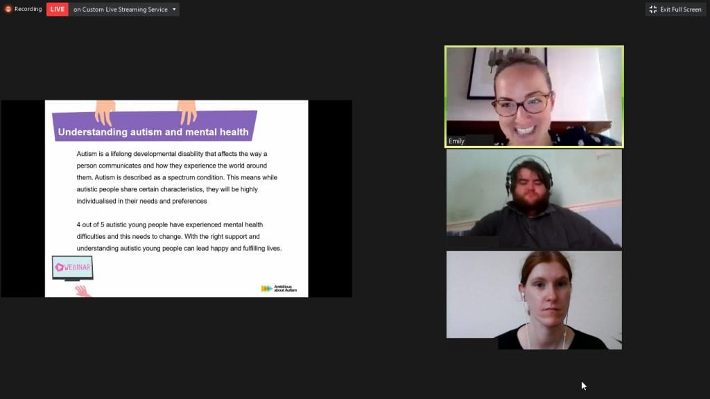 a screenshot of a zoom webinar showing a slide titled “Understanding autism and mental health”, in the top left corner live transcription and recording is shown, to the right are three faces of those delivering the training