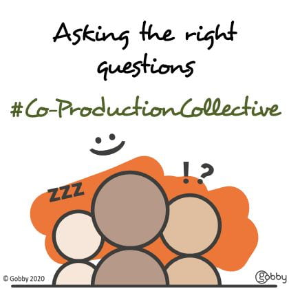 Against a white background, three illustrated figures discuss questions. Above them the hashtag #Co-ProductionCollective and the tagline Asking the right questions