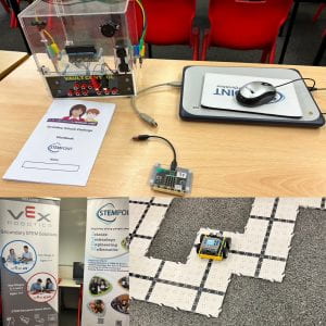 A combined image showing the hardware for the micro:bit coding challenge, banners for STEMPoint and VEX Robotics and one of the VEX robots in action.