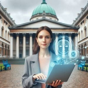 AI generated image of a researches using AI in front of the UCL portico