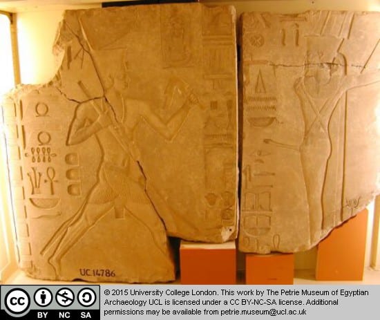 Limestone wall-block with sunk relief depiction, internally carefully modelled, showing King Senusret I with oar and hepet-tool, running the sed-festival race before the god Min. Now in five pieces rejoined, and some small fragments. Courtesy Petrie Museum.