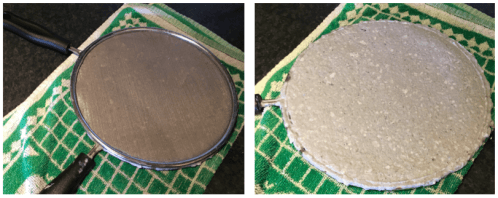(Left) Pressing the sheet of fibres between two splatter guards. (Right) After the top guard is removed, the pressed sheet of paper is revealed. The circular shape is due to the shape of the mould. (Image credits: Both Hannah Wills)