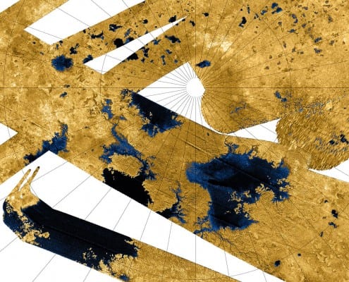Hydrocarbon lakes on Titan, observed by the radar onboard Cassini. Radars do not produce colour images - in this picture, the smooth areas (lakes and rivers) have been coloured blue to improve contrast. Credit: NASA/JPL-Caltech/USGS (public domain)