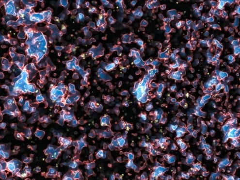The pockets of ionised gas form a 'Swiss cheese' structure. The signal coming from it has different properties from the galaxies in the foreground, but separating the two is a challenge. Credit: ESO, M. Alvarez, R. Kaehler, and T. Abel (CC BY)