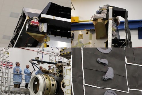 The scientific instruments UCL is contributing to. Top left: the Solar Wind Analyser PAS Top right: the Solar Wind Analyser HIS Bottom left: the Solar Wind Analyser EAS (on the boom being attached to the spacecraft) Bottom right: the apertures in the heat shield behind which the Extreme Ultraviolet Imager is located