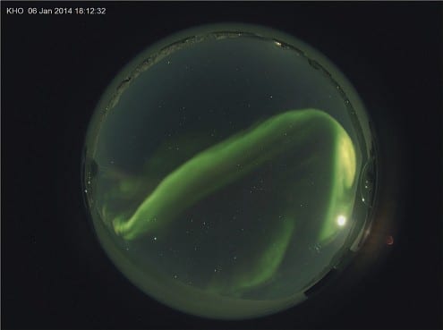 Aurora observed from the observatory during night-time hours on 6 January. Credit: UCL Atmospheric Physics Group 