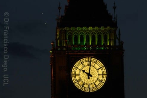 Venus and Jupiter by Big Ben on 30 June. Photo credit: Francisco Diego (All rights reserved, not to be reproduced without permission)