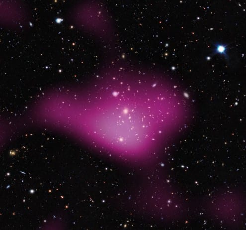 The first dark matter map from the KiDS survey, showing the inferred location of the dark matter in pink. Credit: ESO (CC-BY)