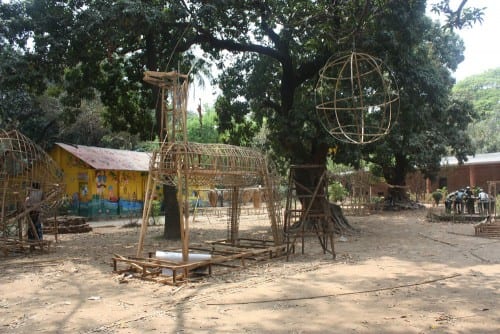 Gigantic bamboo structures of traditional folk art being made at Dhaka University, Fine Art Campus, in preparation for Bengali New Year.