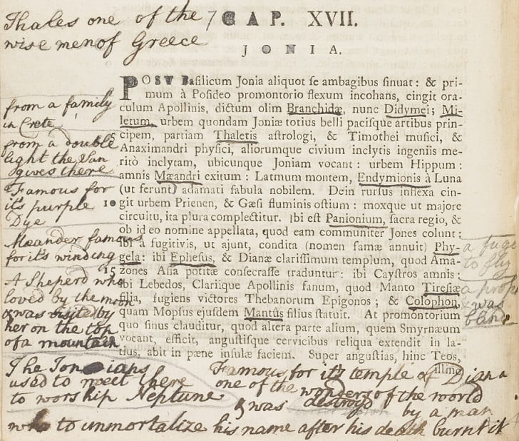 Page from 'De Situ Orbis', showing handwritten student notes along with the book's own text.