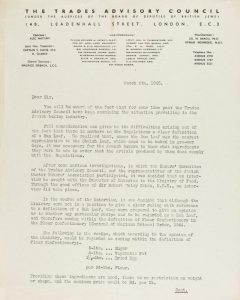 Scan of the first page of a letter from the Trades Advisory Council regarding wartime food regulations in relation to the baking of challah (1945).