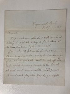 First page of a letter from from William Wilkins to the Council, dated 17 February 1827, requesting that they delay setting the first stone.