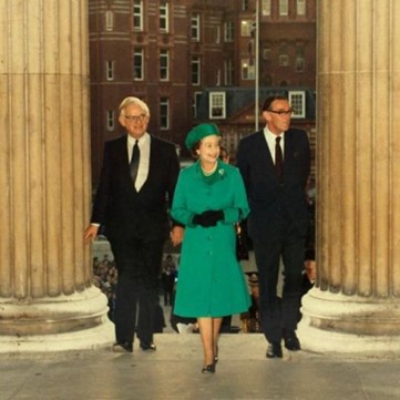 The Queen is pictured during a visit to UCL in 1985 to mark the official completion of the Main Quad.