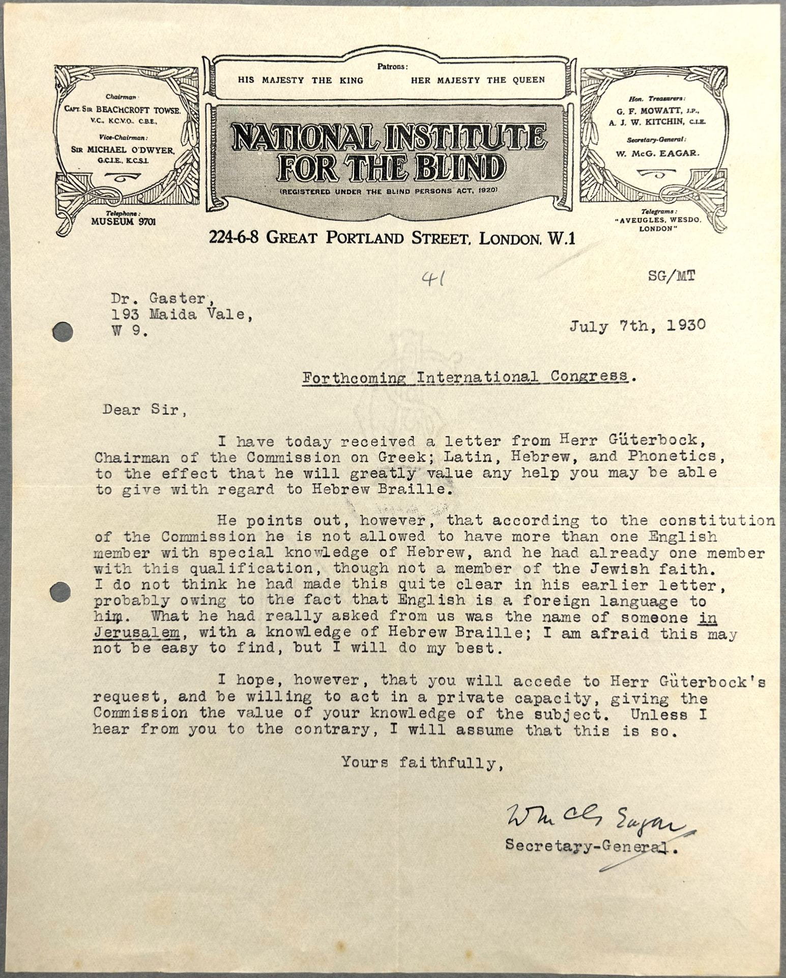 Letter from the National Insitute of the Blind asking Gaster to continue to provide them with the benefit of his knowledge and experience.