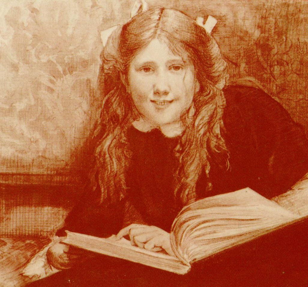 Image of a drawing of a girl with long hair in pigtails, lying on her side with a book open in front of her. She is looking at the viewer.