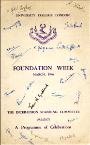 A photograph of the front page of a programme for UCL's Foundation Week, dated March 1946. It includes a number of various signatures in black and blue ink.