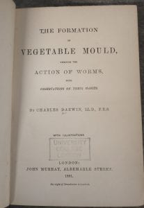 The title page of Charles Darwin's 1881 book The Formation of Vegetable Mould through the Actions of Worms, with Observations on Their Habits.