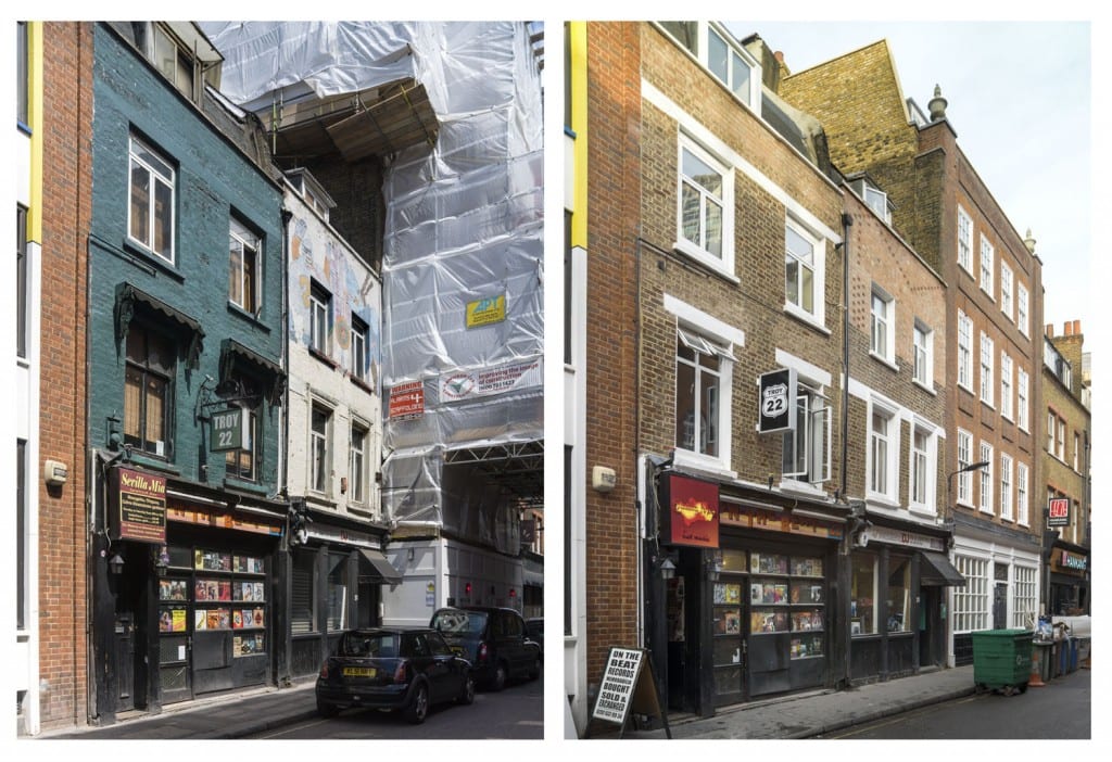 Rapid change on Hanway Street, showing Nos 22 and 20 in 2014 (left) and 2013 (right) (© Historic England, Chris Redgrave)