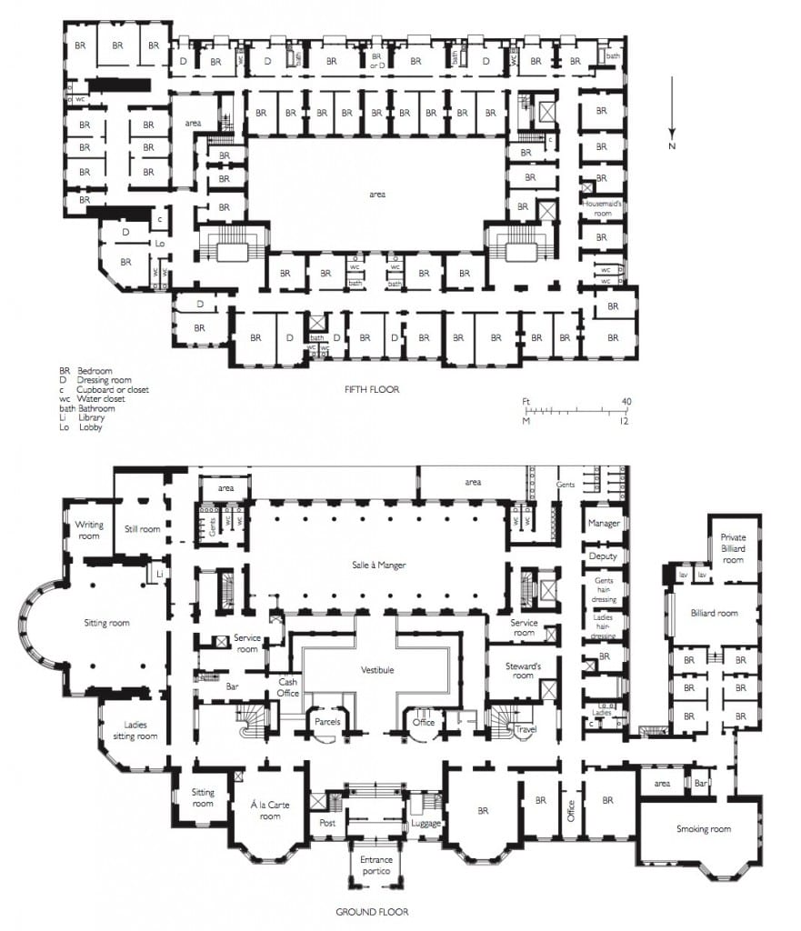 Plans of the ground floor and first floor of the Langham Hotel (© Survey of London, Helen Jones and Andy Crispe)