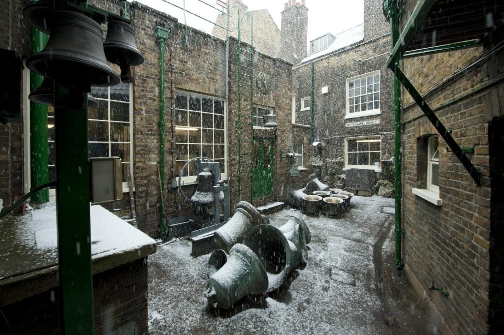 Project: Site: Whitechapel Bell Foundry, 32-34 Whitechapel Road, Tower Hamlets, London. Exerior, bells in courtyard.