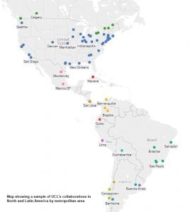 Map showing a sample of UCL collaborations in North and Latin America, by metropolitan area