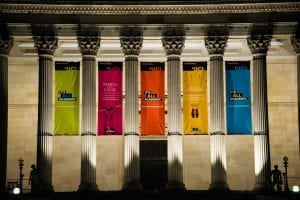 The Portico decorated with banners celebrating the launch of the It's All Academic Campaign in September 2016